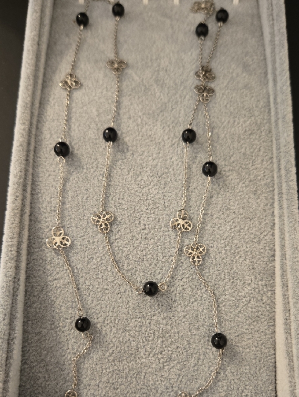 Stainless Steel Floral Link Necklace with Black Beads